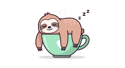 Cute cartoon sloth sleeping peacefully in a teal coffee cup, , with zzz symbols indicating sleep and steam rising from the cup, representing relaxation and a slow morning