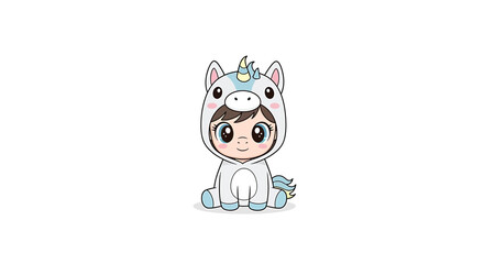 Cute cartoon child wearing a unicorn costume, sitting and smiling