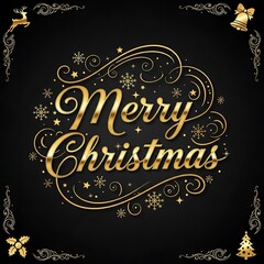 Elegant merry christmas lettering design with golden snowflakes and decorative elements on a black background, perfect for holiday cards and festive decorations