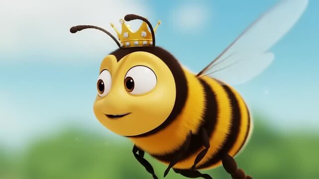 A cartoon bee wearing a crown, flying joyfully against a bright blue sky with green foliage in the background