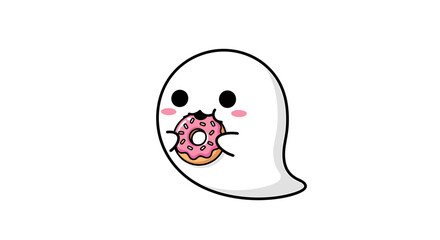 Cute cartoon ghost character happily eating a pink frosted donut with sprinkles