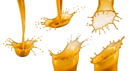 Golden cascade capturing the joyful rush of pouring juice a celebration of morning freshness on transparent background