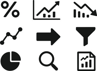 Analytics dashboard glyph icon set. Vector pictograms of percent, growth graph, decline, trend, arrow, filter, segmentation, magnify, analysis, document, silhouette illustration
