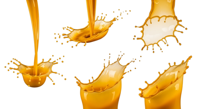 Golden cascade capturing the joyful rush of pouring juice a celebration of morning freshness on transparent background