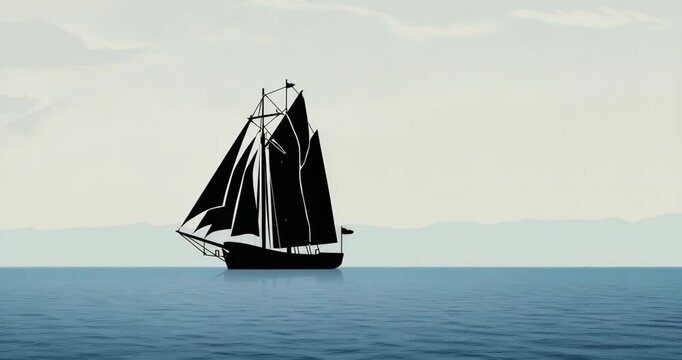 Two-masted sailboat silhouette drifting eastward on ocean, with breeze filling sails, copy space