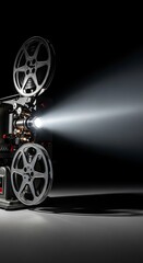 Naklejka premium Vintage film projector projecting a beam of light on a dark background.