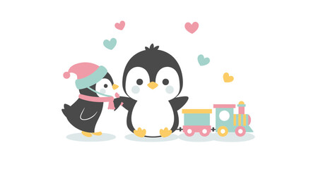 Cute cartoon penguins with a toy train