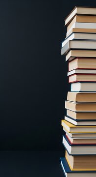 A tall stack of various books stands against a dark background.