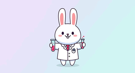 Cute cartoon white bunny rabbit scientist wearing a lab coat and holding test tubes with pink liquid, representing science, research, and discovery, with a soft gradient background