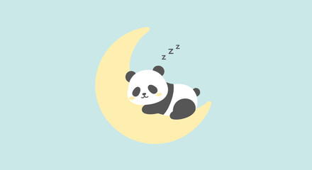 Cute cartoon panda sleeping on a crescent moon against a soft blue background, symbolizing dreams and peaceful slumber