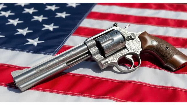 Revolver firearm illustration on the American flag, a complex representation of freedoms