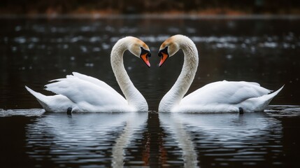 Fototapeta premium Two elegant swans gracefully glide through tranquil waters, forming heart shape that symbolizes enduring love and unity between souls, capturing the true essence of romance and harmony found in nature