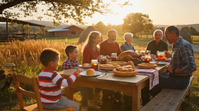 Multi-generational European family enjoying outdoor dinner together at rustic farm table during golden hour sunset with traditional homemade meal and warm conversation