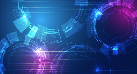 Futuristic abstract background with glowing blue and pink circular interfaces, digital HUD elements, and light effects on a dark surface, symbolizing technology, data, and innovation.