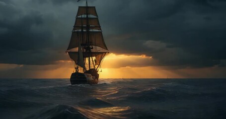 Sailing ship cutting through ocean waves with full sails in stormy sea, catching sunset rays - Powered by Adobe