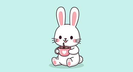 Cute cartoon white bunny rabbit sitting and drinking from a pink cup with a heart on it, against a light blue background, kawaii style illustration