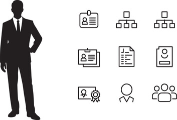 Human Resources Manager Silhouette with ID Card Org Chart Employee Icons Vector