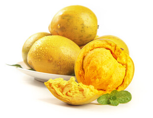Fresh Yellow Egg Fruit Canistel with Creamy Golden Flesh on White Background