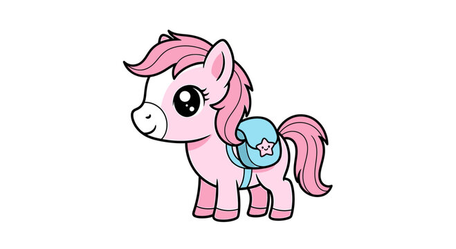 Cute pink cartoon pony with a blue saddlebag decorated with a star