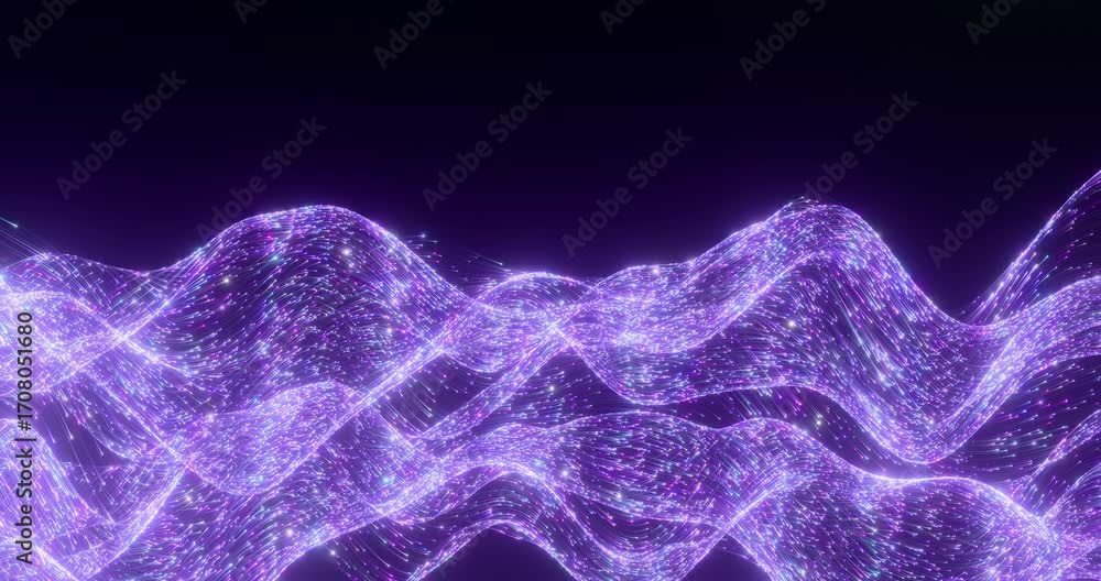 Poster quantum wave loop abstract particle flow animation in purple and pink