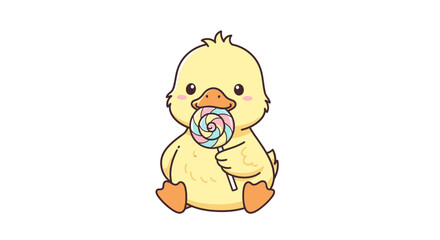 Cute cartoon baby duckling sitting and eating a colorful lollipop