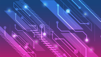 Obraz premium Futuristic abstract background with neon pink and blue circuit lines on a gradient surface, symbolizing technology, innovation, and digital connectivity.