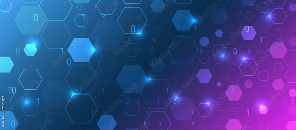Aufkleber high-tech hexagon background with glowing blue and purple gradient, binary code, and digital technol