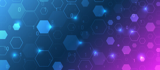 High-tech hexagon background with glowing blue and purple gradient, binary code, and digital technology pattern. Abstract sci-fi design for innovation and data concepts. For medical banner.