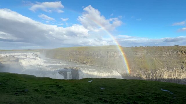 Bright Rainbow Over Gullfoss Waterfall, Iceland
