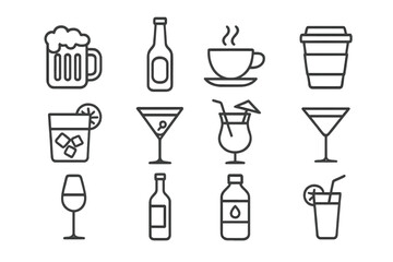 Drink & beverage line icon set. Beer, coffee, tea, cocktail, wine, water, juice symbols. Editable stroke vector outline pictograms for bar, cafe menu, web, mobile app.