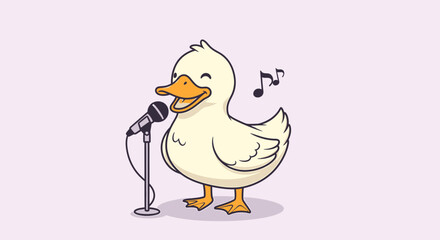 A cute cartoon duck singing into a microphone with musical notes floating in the air, representing a performance or a song