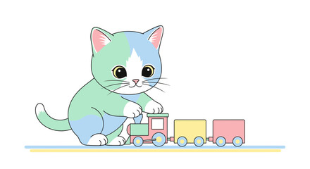 Cute cartoon kitten playing with a colorful toy train on a