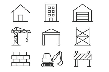 Construction and building line icon set. Real estate and architecture symbols. Vector house, crane, excavator, scaffolding, and garage. Editable stroke pictograms for web.