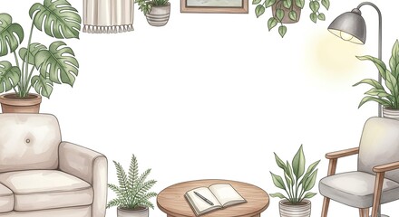 Charming watercolor frame depicting a comfortable living space adorned with numerous potted green plants, offering a tranquil and inviting domestic atmosphere