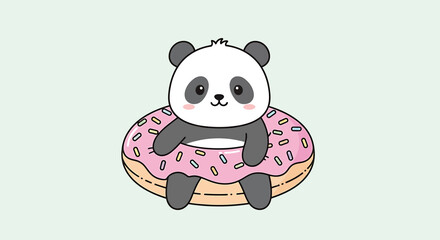 Cute cartoon panda sitting inside a pink frosted donut with sprinkles, isolated on a light green background, adorable animal illustration, kawaii style, sweet treat concept