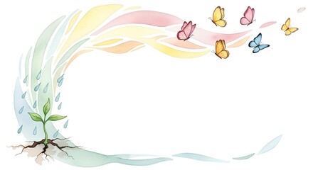 Watercolor Rainbow, Butterflies, and Sprouting Plant A Symbol of Growth and Renewal