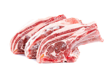 Raw Lamb Tomahawk Chops on White Background - Premium Fresh Meat Cuts