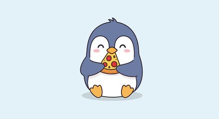 Cute cartoon penguin character happily eating a slice of pizza, with its eyes closed in delight, against a simple light blue background, representing a fun and joyful moment of enjoying food