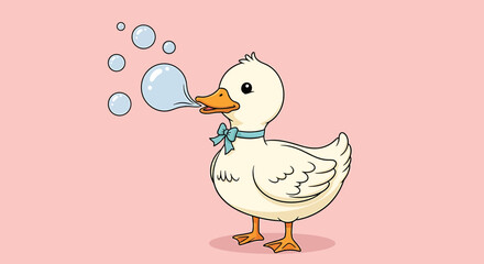 Cute cartoon duckling wearing a blue bow tie and collar, blowing bubbles with a happy expression, isolated on a soft pink background, perfect for childrens themes and designs
