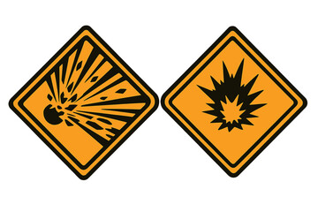 Set of explosive material hazard signs. Vector illustration of warning symbols for dangerous, explosive substances. Pictogram for risk and safety. Bomb explosion icon.