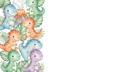 Fototapeta premium Charming Cartoon Dinosaurs and Lush Tropical Leaves Border Design for Festive Occasions and Children's Products