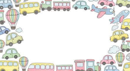 Adorable hand-drawn frame of various transportation vehicles. Cute cartoon cars, buses, trains, and airplanes for a children's invitation or background
