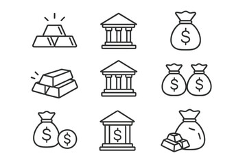 Bank finance thin line icon set. Gold bars, money bag with dollar sign, bank building icons. Financial concepts vector illustration. Wealth, savings, investment, treasure.