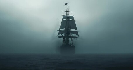 Shifting dense fog revealing three-masted ship with sails gliding across ocean fluttering flag - Powered by Adobe