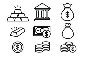 Finance and banking thin line icon set. Gold bars, money bag, bank building, coins and currency symbols. Investment, wealth, savings and economy vector pictogram collection.