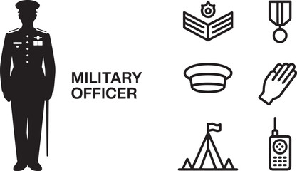 Military Officer Icon Set Silhouette Illustration with Uniform and Rank Insignia Elements