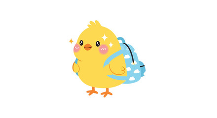 Cute cartoon yellow chick with a blue backpack with clouds, , ready for school or adventure, with sparkling eyes and rosy cheeks, representing childhood and learning