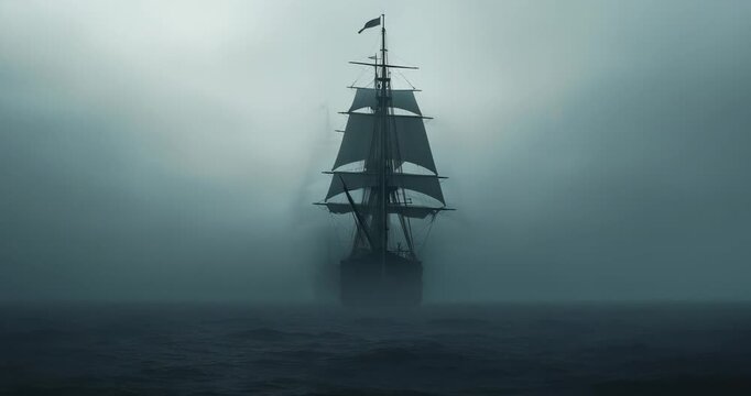 Shifting dense fog revealing three-masted ship with sails gliding across ocean fluttering flag