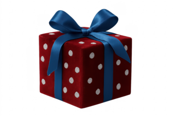 Red gift box with blue ribbon and silver dots on transparent background