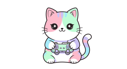 Cute cartoon cat holding a video game controller, with pastel colors and big sparkling eyes